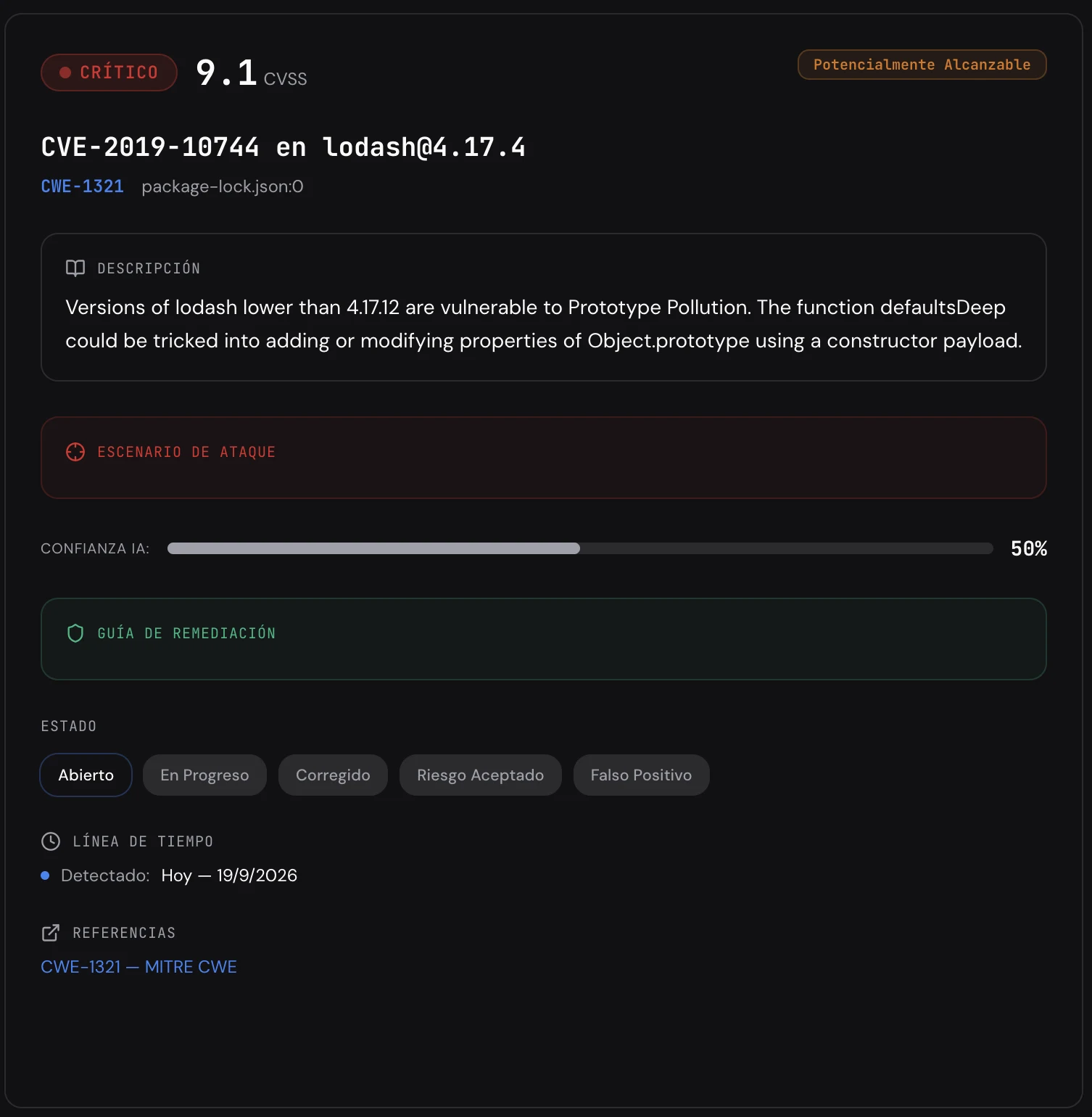 Detalle de hallazgo en Codealis: CVE con CVSS, alcanzabilidad, escenario de ataque, confianza de IA y guía de remediación