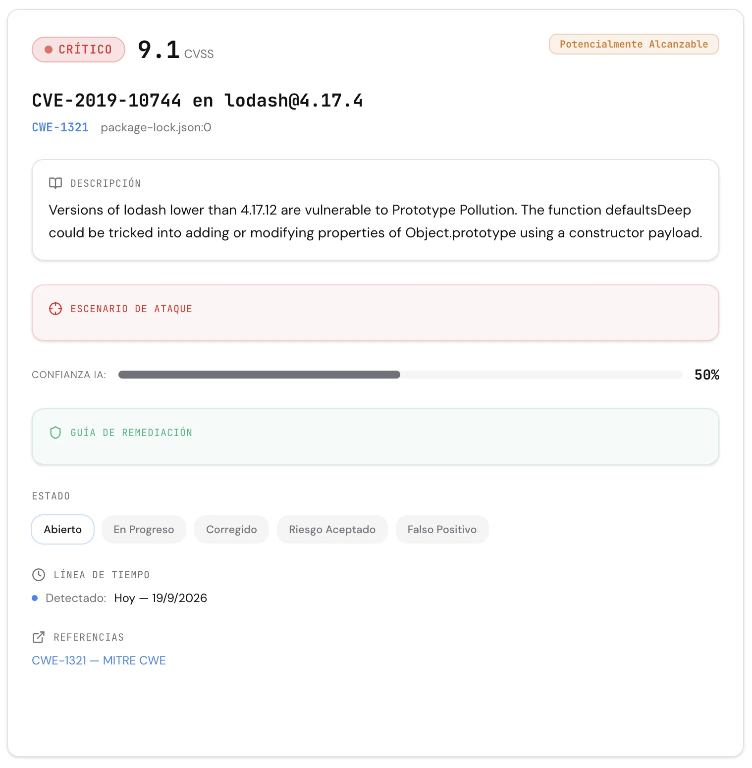 Detalle de hallazgo en Codealis: CVE con CVSS, alcanzabilidad, escenario de ataque, confianza de IA y guía de remediación