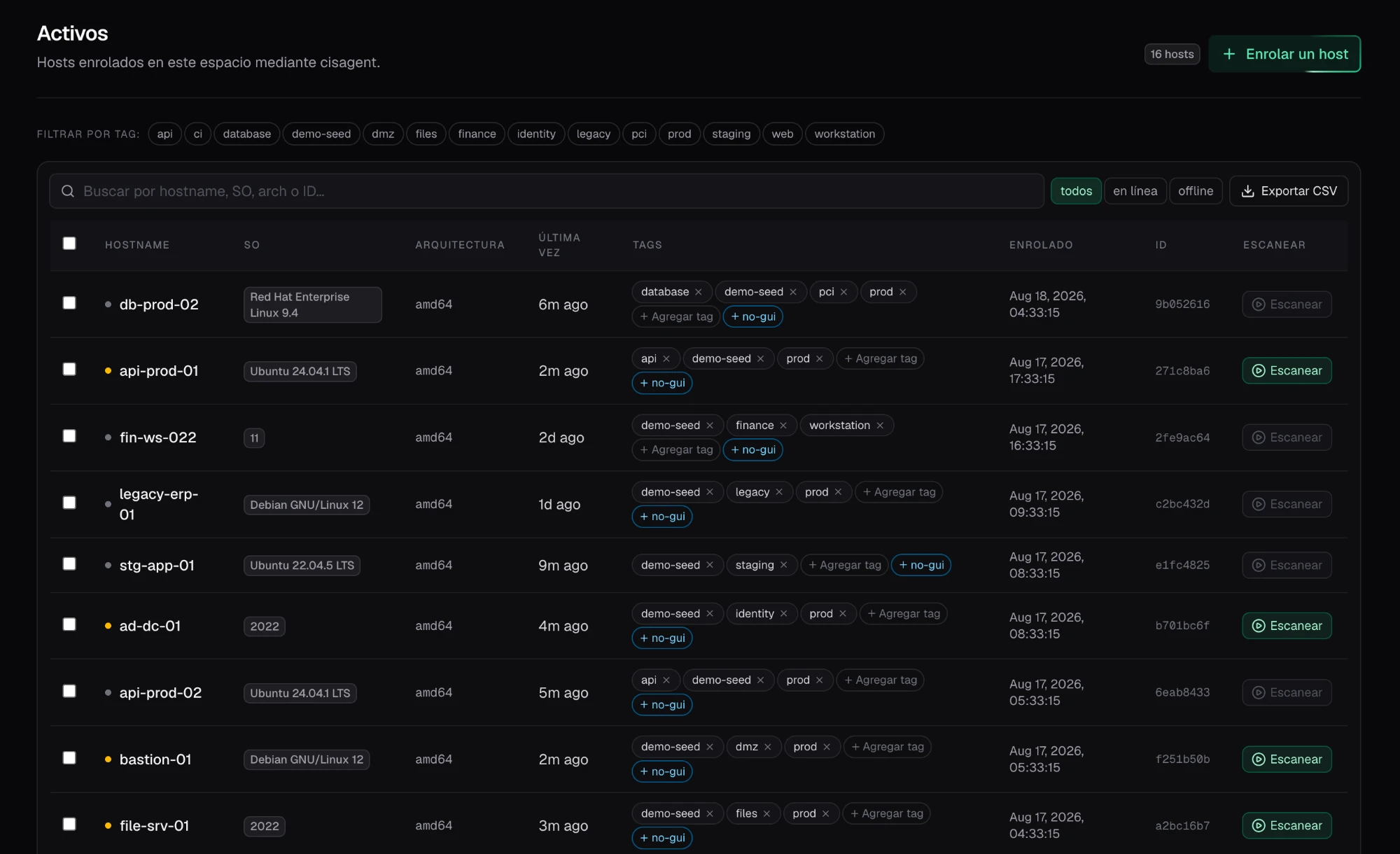 Inventario de activos de Secure Tuning IQ: hosts enrolados vía cisagent con SO, arquitectura, tags y escaneo por host