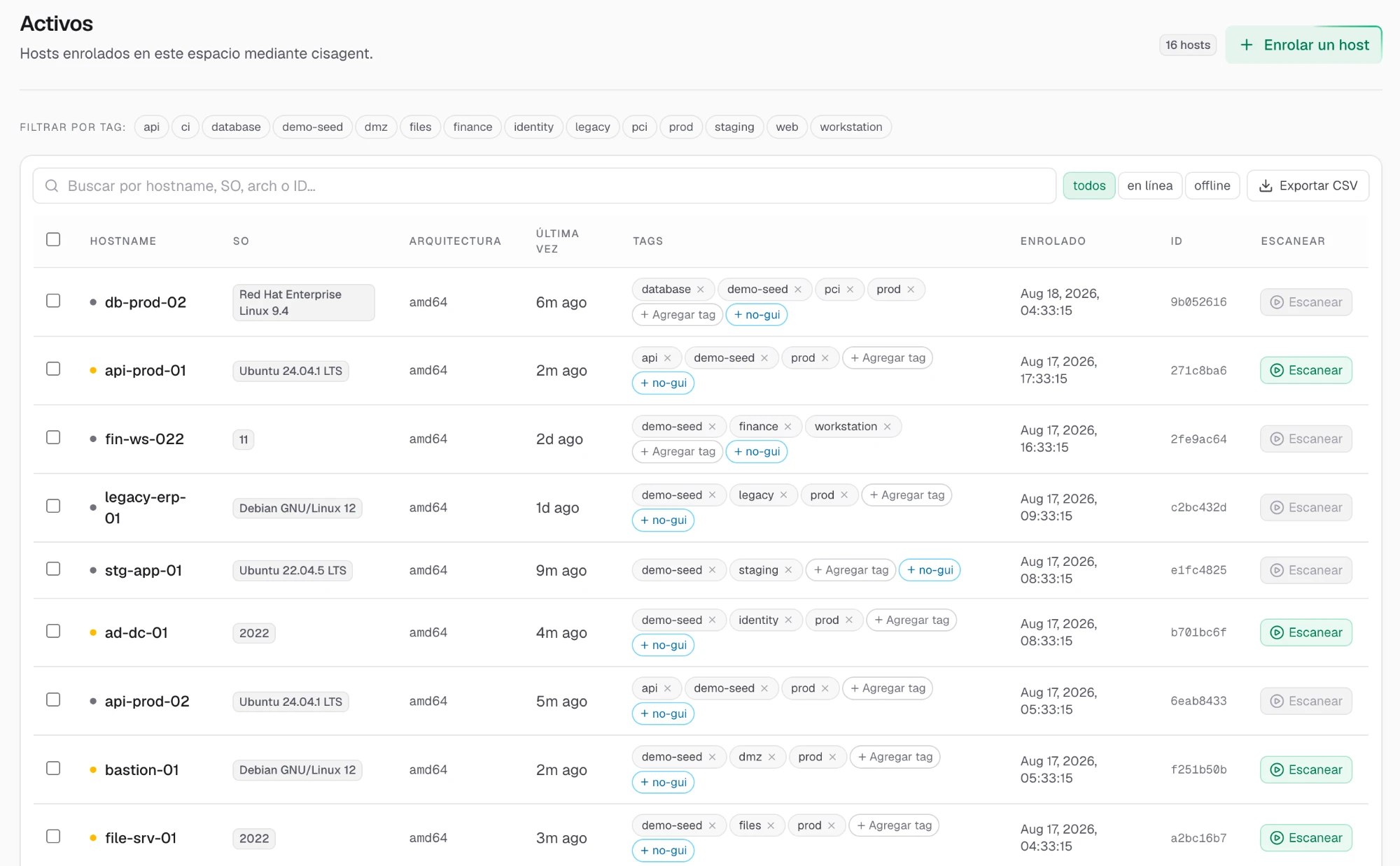 Inventario de activos de Secure Tuning IQ: hosts enrolados vía cisagent con SO, arquitectura, tags y escaneo por host
